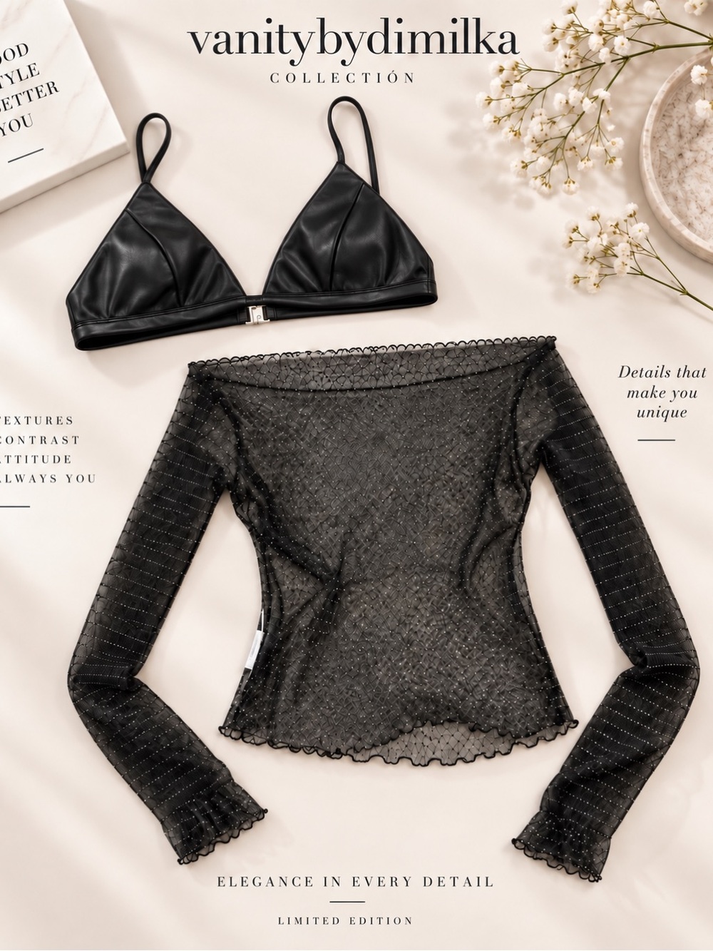 Black Sheer Mesh Long-Sleeve Top & Bralette Set